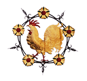 Der Goldene Hahn mit der Lippe Rose Auf dem Bild sieht man das Logo des deutschen Restaurants Goldener Hahn aus Lippstadt, wie es über dem Eingang der Gaststätte hängt